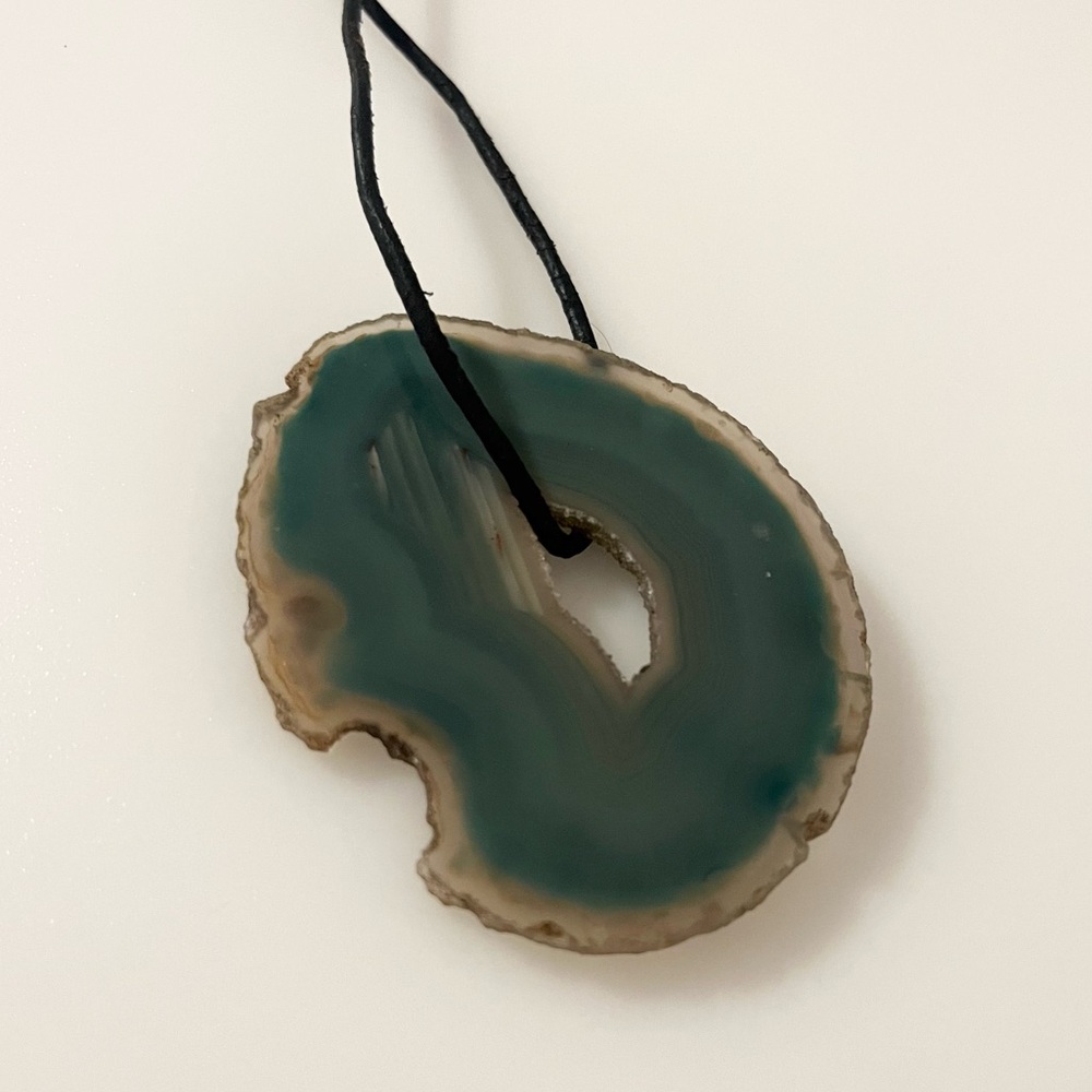 Large Green Agate Slice Pendant on Leather Strap Necklace